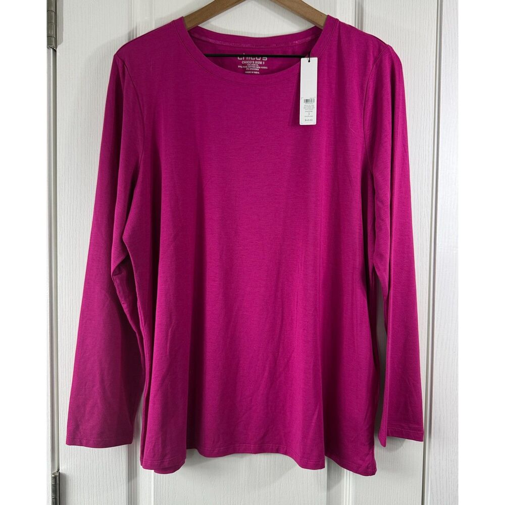 Chico’s Touch of Cool Tee Womens Size 3 XL Vivid Azalea Pink Long Sleeve NWT